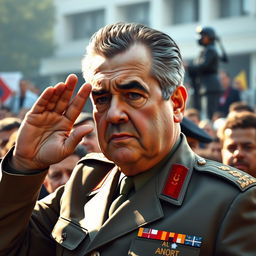 A highly realistic depiction of General Augusto Pinochet, dressed in his military uniform, saluting to a crowd of people