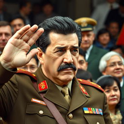 A highly realistic depiction of General Augusto Pinochet, dressed in his military uniform, saluting to a crowd of people