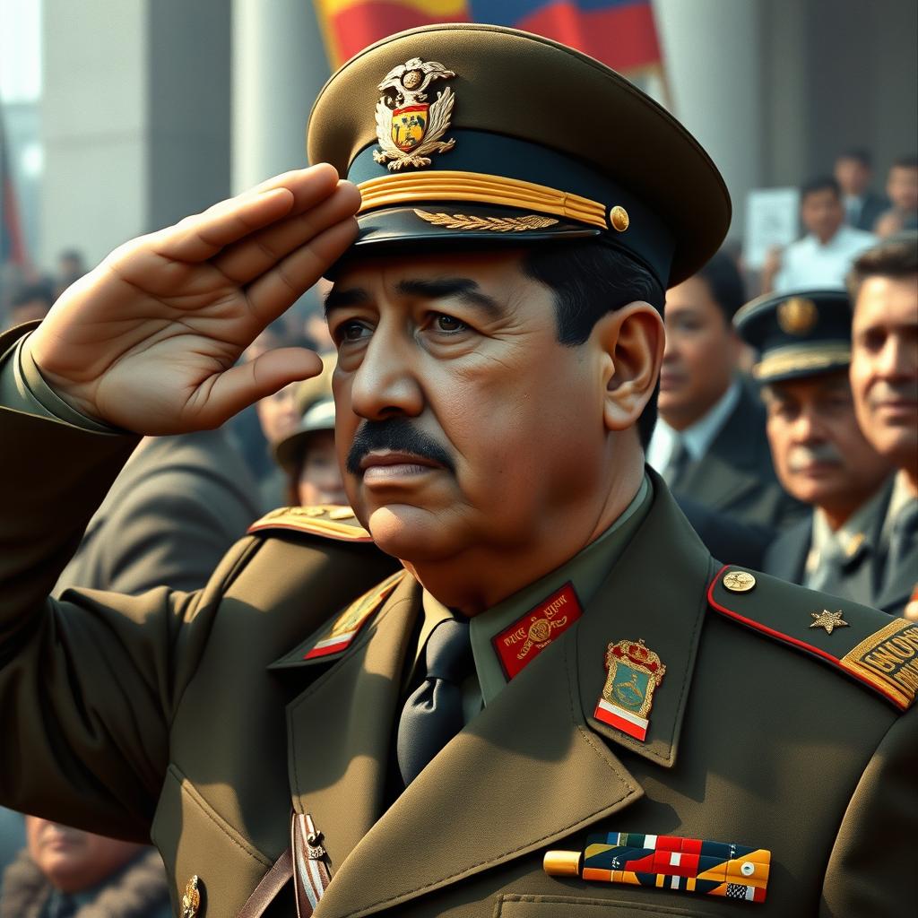 A highly realistic depiction of General Augusto Pinochet, dressed in his military uniform, saluting to a crowd of people