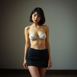 A short Japanese woman wearing a skirt without a bra, standing in a tasteful and artistic setting