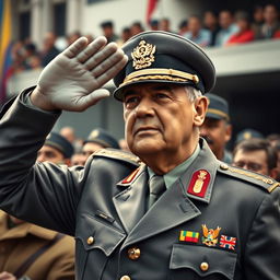 A highly realistic depiction of General Augusto Pinochet, dressed in his grey Commanding General uniform, saluting to a crowd of people