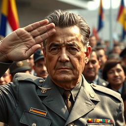 A highly realistic depiction of General Augusto Pinochet, dressed in his grey Commanding General uniform, saluting to a crowd of people