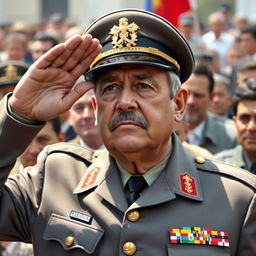 A highly realistic depiction of General Augusto Pinochet, dressed in his grey Commanding General uniform, saluting to a crowd of people