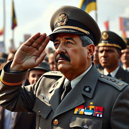 A highly realistic depiction of General Augusto Pinochet, dressed in his grey Commanding General uniform, saluting to a crowd of people