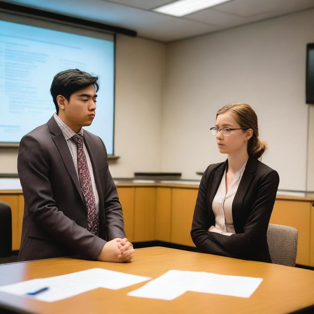 A student feeling stressed during their thesis defense presentation while being examined by their thesis advisor