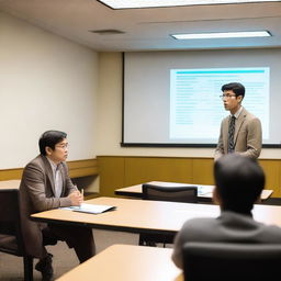 A student feeling stressed during their thesis defense presentation while being examined by their thesis advisor