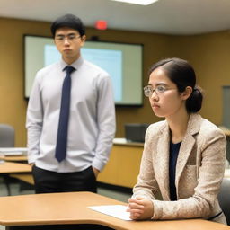 A student feeling stressed during their thesis defense presentation while being examined by their thesis advisor