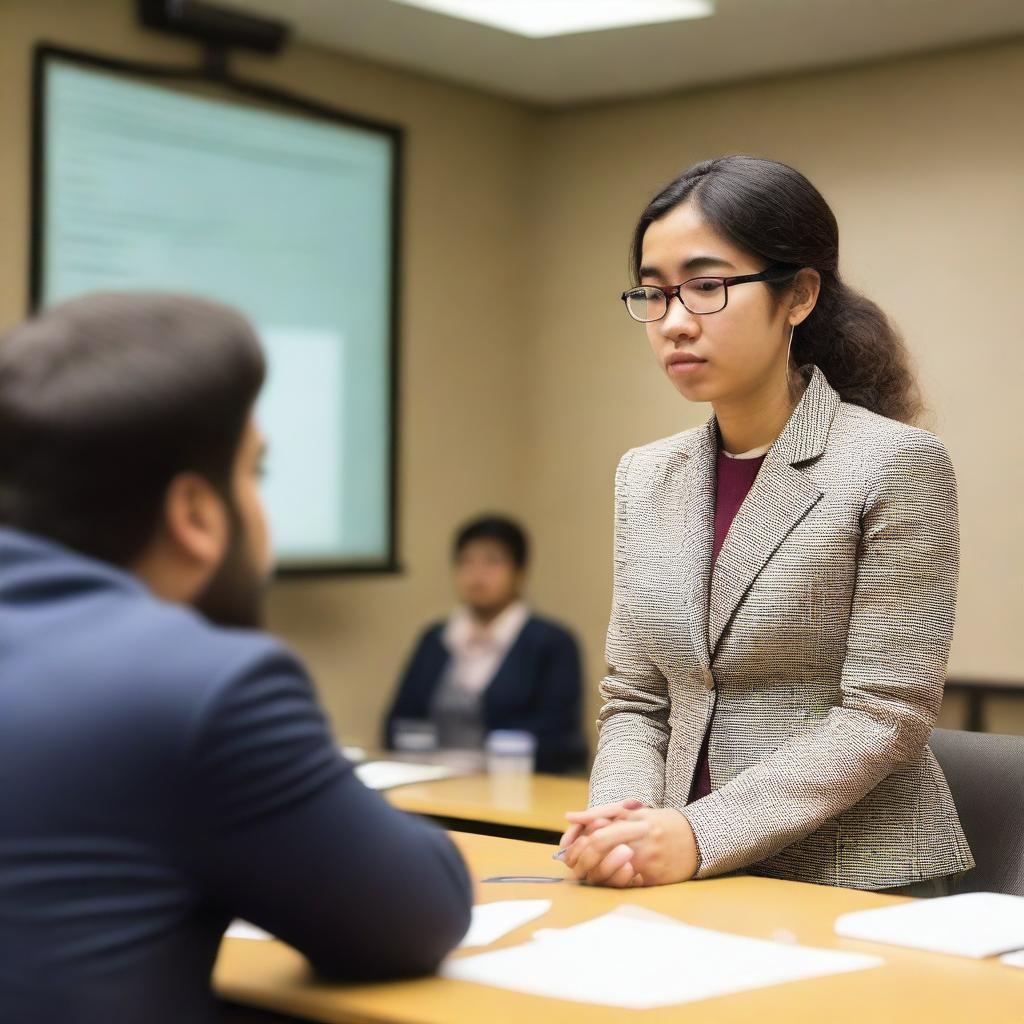 A student feeling stressed during their thesis defense presentation while being examined by their thesis advisor