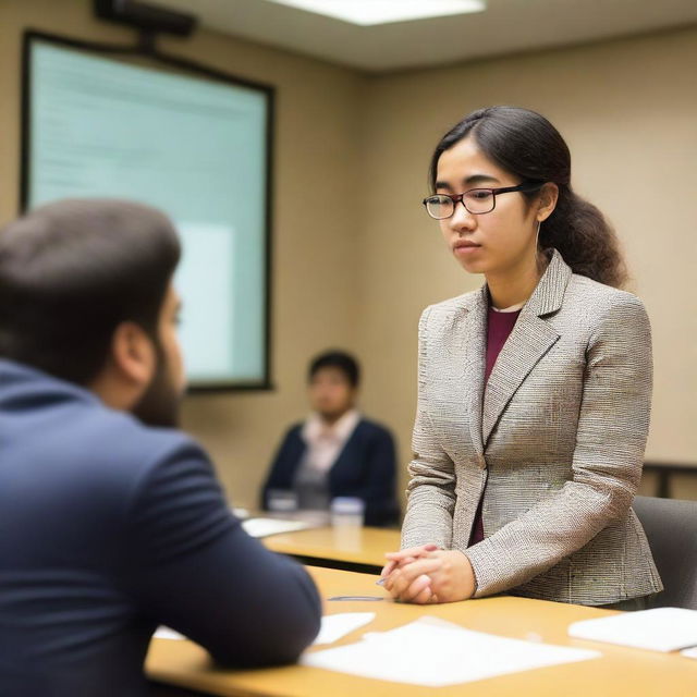 A student feeling stressed during their thesis defense presentation while being examined by their thesis advisor