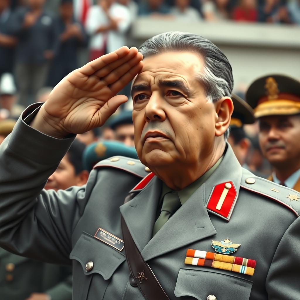 A highly realistic depiction of General Augusto Pinochet, dressed in his grey Commanding General uniform, saluting to a crowd of people