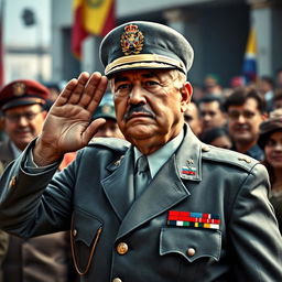 A highly realistic depiction of General Augusto Pinochet, dressed in his grey Commanding General uniform, saluting to a crowd of people