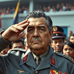 A highly realistic depiction of General Augusto Pinochet, dressed in his grey Commanding General uniform, saluting to a crowd of people