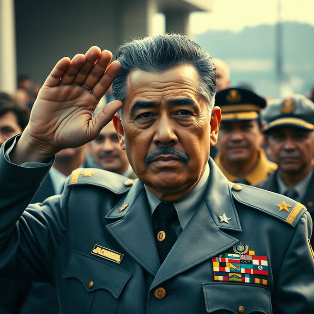 A highly realistic depiction of General Augusto Pinochet, dressed in his grey Commanding General uniform, saluting to a crowd of people