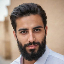 An attractive 26-year-old Arab man with a well-groomed beard