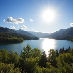 A beautiful landscape featuring a serene lake surrounded by lush green trees and mountains in the background