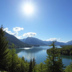 A beautiful landscape featuring a serene lake surrounded by lush green trees and mountains in the background