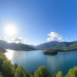 A beautiful landscape featuring a serene lake surrounded by lush green trees and mountains in the background