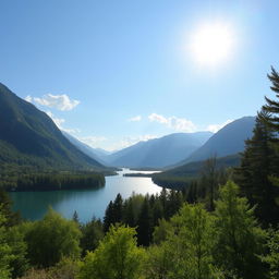 A beautiful landscape featuring a serene lake surrounded by lush green trees and mountains in the background