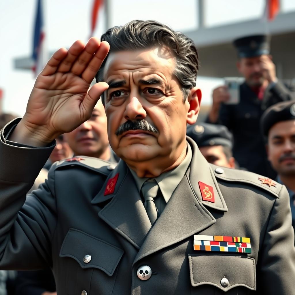 A realistic depiction of General Augusto Pinochet, with the same facial features including hair, eyes, nose, and mouth, dressed in the gray Commander-in-Chief of the Army uniform