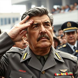 A realistic depiction of General Augusto Pinochet, with the same facial features including hair, eyes, nose, and mouth, dressed in the gray Commander-in-Chief of the Army uniform