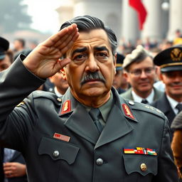 A realistic depiction of General Augusto Pinochet, with the same facial features including hair, eyes, nose, and mouth, dressed in the gray Commander-in-Chief of the Army uniform