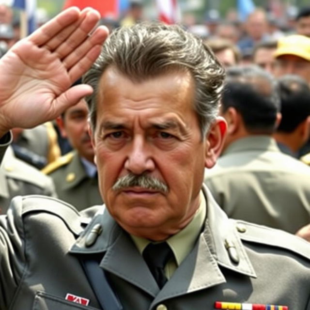 A realistic depiction of General Augusto Pinochet, with the same facial features including hair, eyes, nose, and mouth, dressed in the gray Commander-in-Chief of the Army uniform