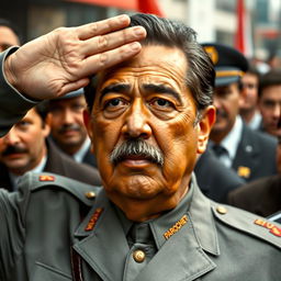 A highly realistic depiction of General Augusto Pinochet, with the same facial features including hair, eyes, nose, and mouth, dressed in the gray Commander-in-Chief of the Army uniform