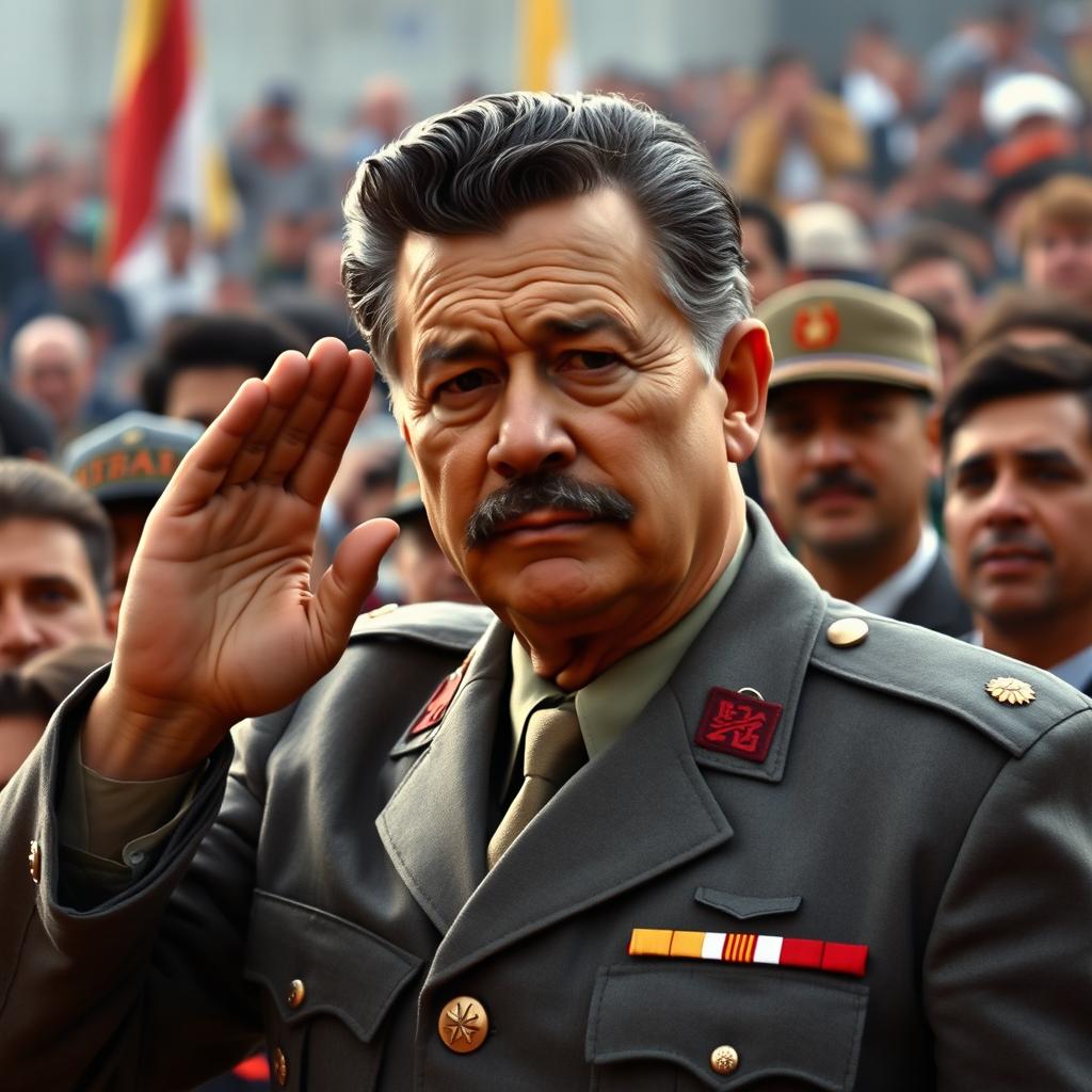 A highly realistic depiction of General Augusto Pinochet, with the same facial features including hair, eyes, nose, and mouth, dressed in the gray Commander-in-Chief of the Army uniform