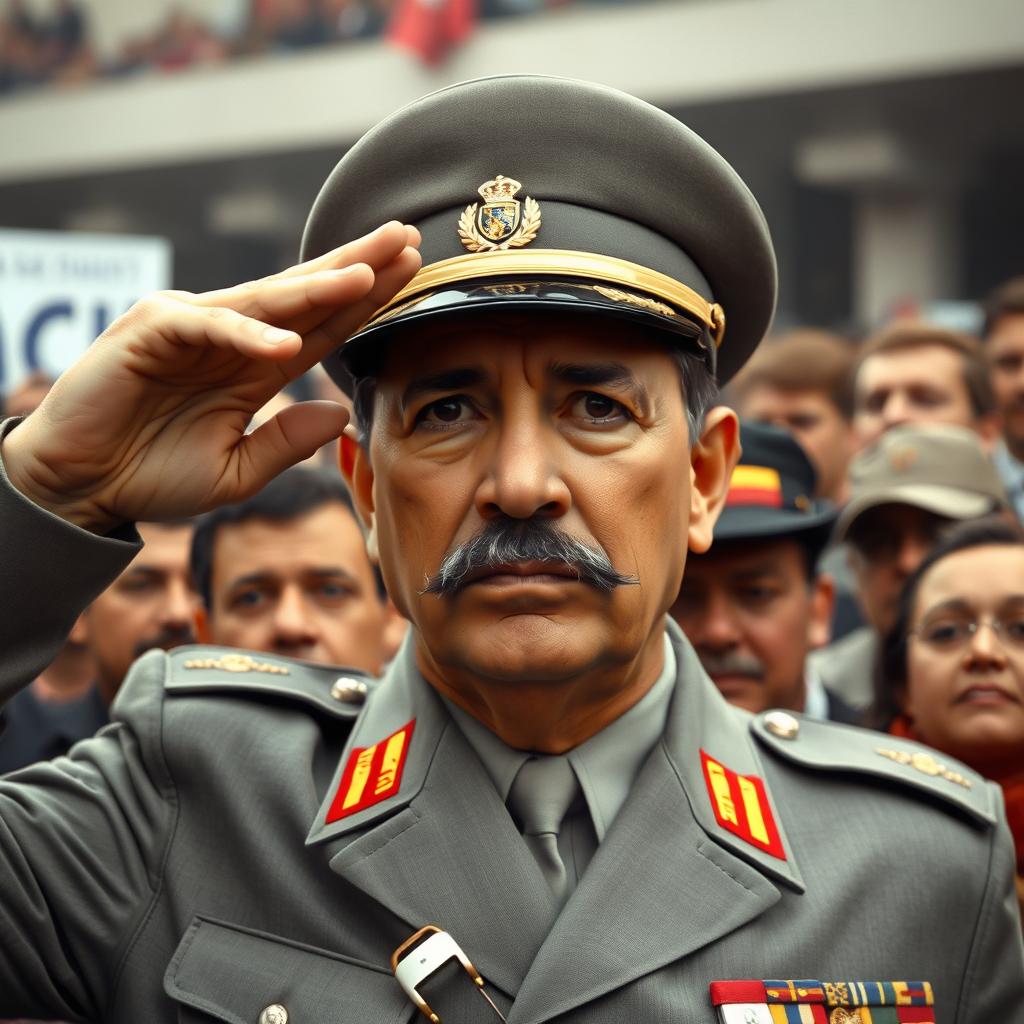 A highly realistic depiction of General Augusto Pinochet, dressed in his grey Commander-in-Chief of the Army uniform