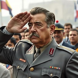 A highly realistic depiction of General Augusto Pinochet, dressed in his grey Commander-in-Chief of the Army uniform