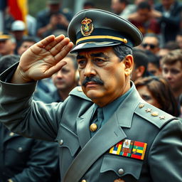 A highly realistic depiction of General Augusto Pinochet, dressed in his grey Commander-in-Chief of the Army uniform