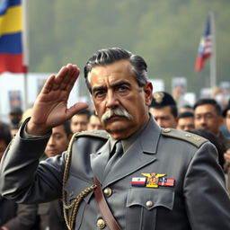 A highly realistic depiction of General Augusto Pinochet, dressed in his grey Commander-in-Chief of the Army uniform