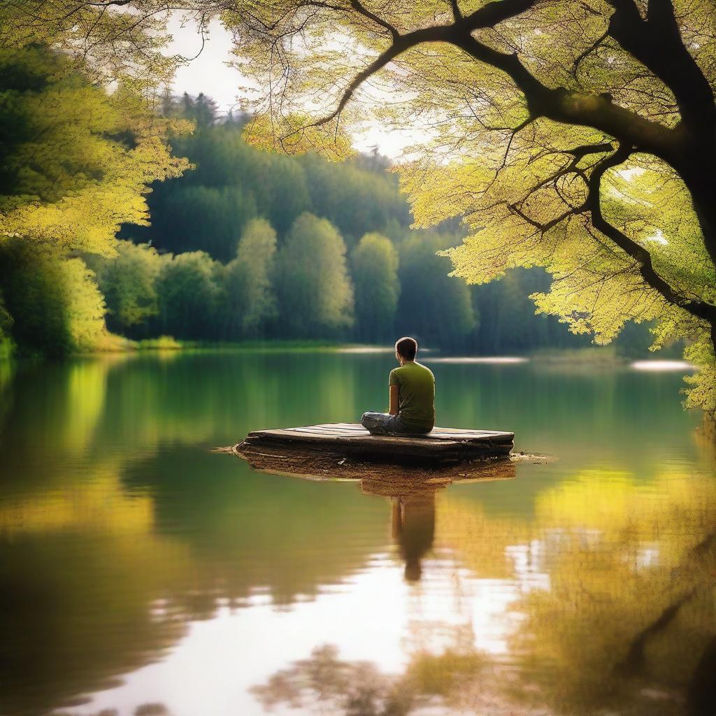 A person sitting alone in a quiet, serene environment, deeply engaged in introspection