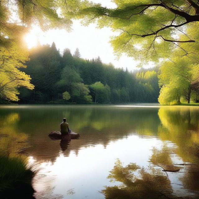 A person sitting alone in a quiet, serene environment, deeply engaged in introspection