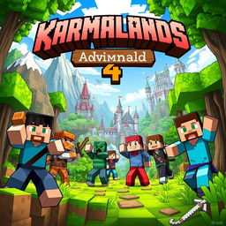 A detailed and colorful thumbnail for Karmalands 4, featuring Minecraft characters in an adventurous setting