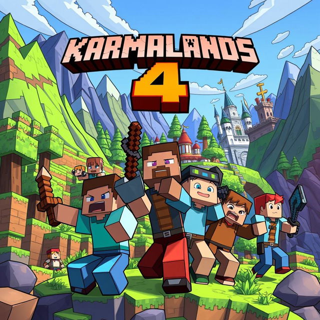 A detailed and colorful thumbnail for Karmalands 4, featuring Minecraft characters in an adventurous setting