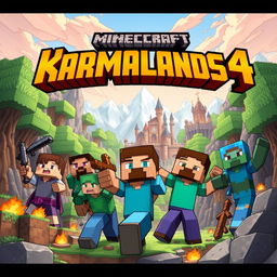 A detailed and colorful thumbnail for Karmalands 4, featuring Minecraft characters in an adventurous setting