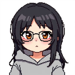 Create a pixel art of a slightly chubby girl with glasses, black hair, brown eyes, slightly slanted eyes, lightly made-up, wearing a sweatshirt without a hood