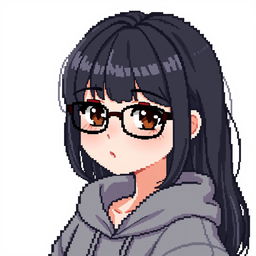 Create a pixel art of a slightly chubby girl with glasses, black hair, brown eyes, slightly slanted eyes, lightly made-up, wearing a sweatshirt without a hood