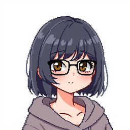 Create a pixel art of a slightly chubby girl with glasses, black hair, brown eyes, slightly slanted eyes, lightly made-up, wearing a sweatshirt without a hood