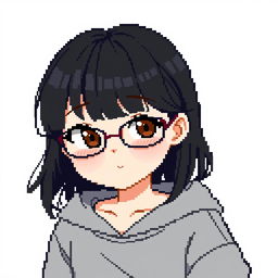 Create a pixel art of a slightly chubby girl with glasses, black hair, brown eyes, slightly slanted eyes, lightly made-up, wearing a sweatshirt without a hood