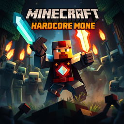 Create a Minecraft hardcore mode thumbnail featuring a character in diamond armor battling a horde of zombies in a dark forest