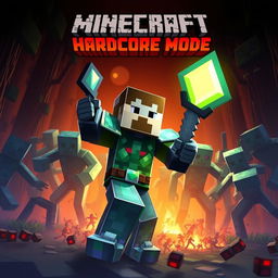 Create a Minecraft hardcore mode thumbnail featuring a character in diamond armor battling a horde of zombies in a dark forest