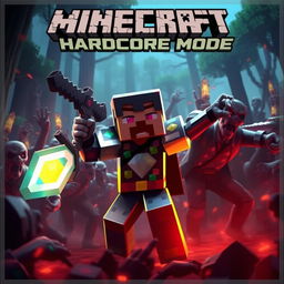 Create a Minecraft hardcore mode thumbnail featuring a character in diamond armor battling a horde of zombies in a dark forest