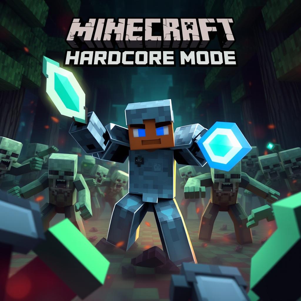 Create a Minecraft hardcore mode thumbnail featuring a character in diamond armor battling a horde of zombies in a dark forest