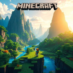 Create an image set in the Minecraft universe featuring a character exploring a lush, vibrant landscape with towering mountains, rivers, and forests