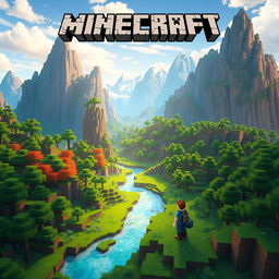 Create an image set in the Minecraft universe featuring a character exploring a lush, vibrant landscape with towering mountains, rivers, and forests