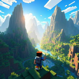 Create an image set in the Minecraft universe featuring a character exploring a lush, vibrant landscape with towering mountains, rivers, and forests