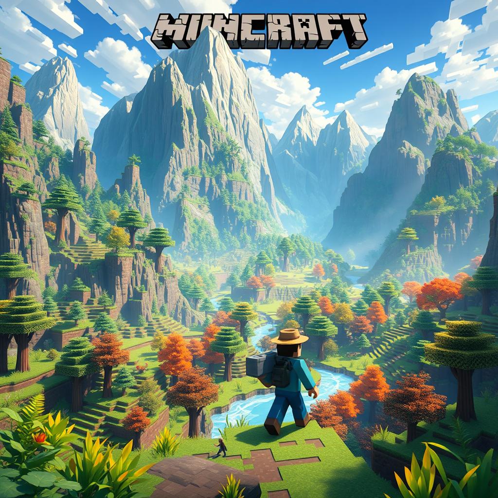 Create an image set in the Minecraft universe featuring a character exploring a lush, vibrant landscape with towering mountains, rivers, and forests