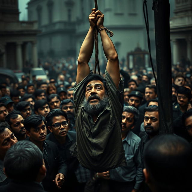 A dark and intense scene depicting Fidel Castro hanging by the neck in a public square